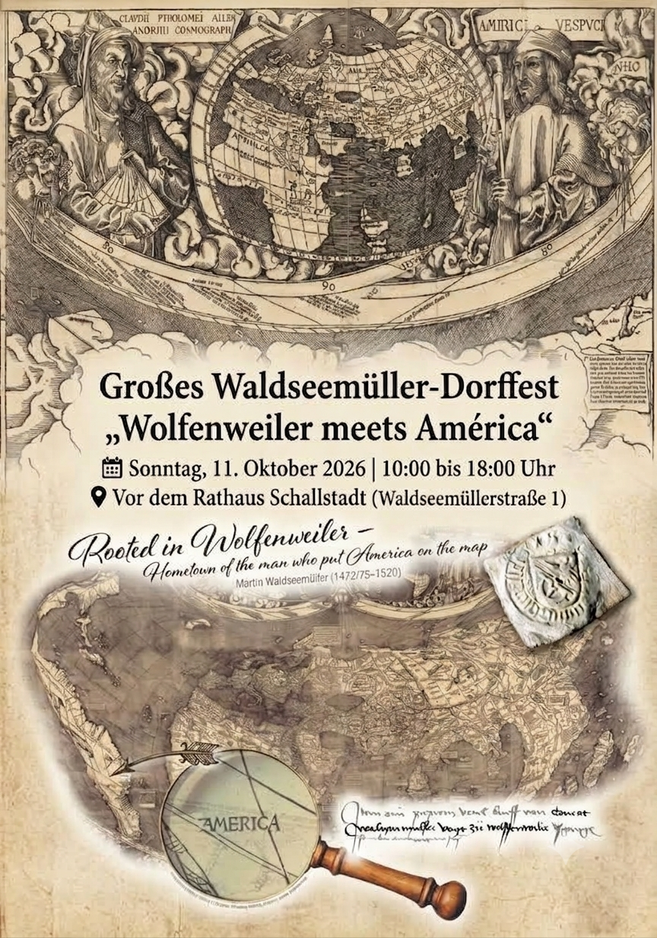 Zwei altertümliche Männer zwischen einer Weltkarte darunter Text "Großes Waldseemüller-Dorffest". Ganz unten die berühmte Waldseemüller-Weltkarte mit einer Lupe die den Namen America zeigt.