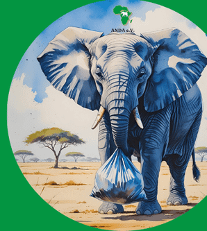 Ein Elefant, der einen Müllsack im Rüssel trägt.
