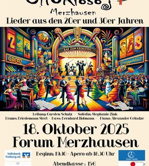Ein buntes Bild mit Leuten aus den 20er Jahren, die in der Bar zum Krokodil feiern und dazu die Ankündigung für das Konzert von CHORioso.