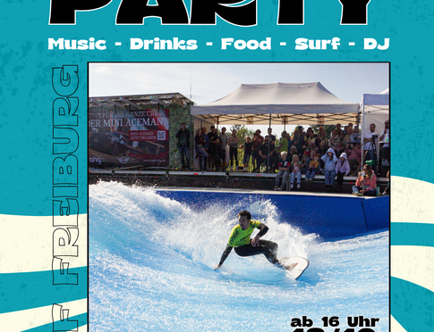 Einladungsplakat zur Sommerparty, es ist ein Surfer abgebildet 