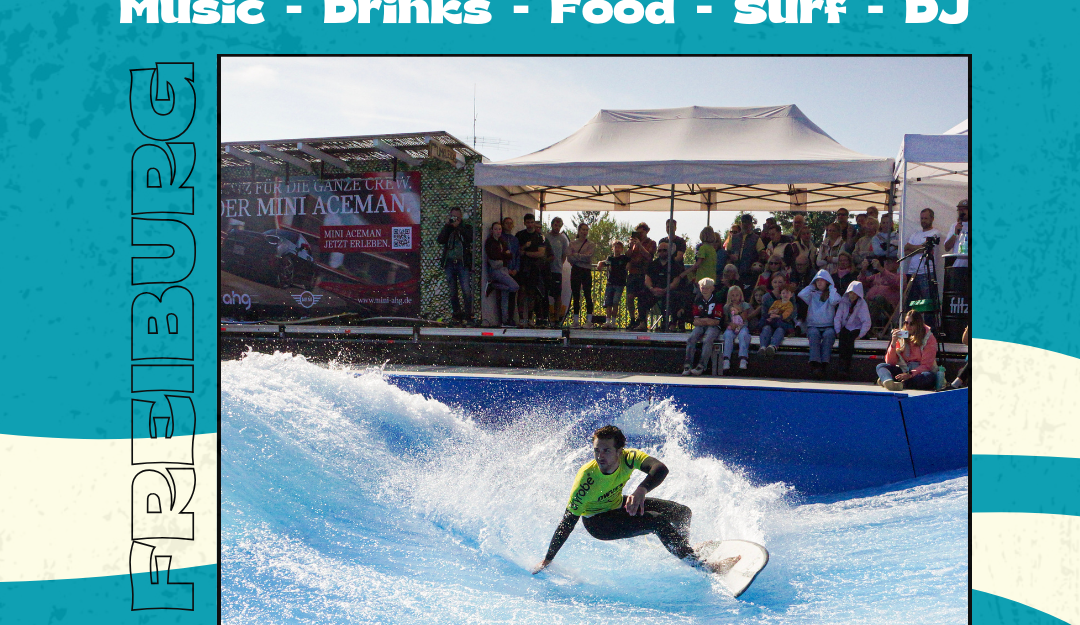 Einladungsplakat zur Sommerparty, es ist ein Surfer abgebildet 