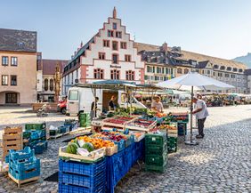 Stand auf dem Münstermarkt mit Obst und Gemüse und im Hintergrund das Kornhaus 