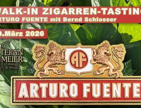 Flyer für ein Zigarrentasting am 20.3.2026 Das Bild zeigt Tabakblätter und ein Logo