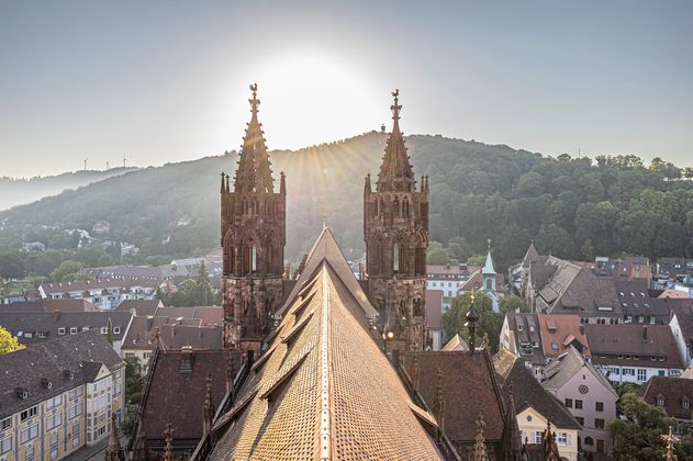 Blick auf das Dach, die Chortürme des Freiburger Münsters und den Schlossberg