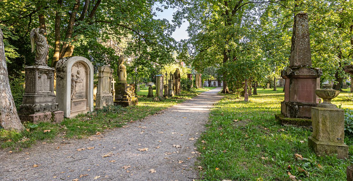 Ansicht des alten Friedhofes im Sommer mit einem Weg und verschiedenen Gräbern.