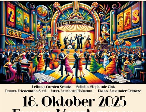 Ein buntes Bild mit Leuten aus den 20er Jahren, die in der Bar zum Krokodil feiern und dazu die Ankündigung für das Konzert von CHORioso.