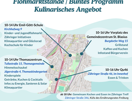 Herzliche Einladung zum 3. Stadtteilflohmarkt Zähringen am 10.10.26 Neben Flohmarktständen ist an vier Flohmarktzentren für kulinarische Verpflegung und ein buntes Programm für Groß und Klein gesorgt. 10-14 Uhr: Thomaszentrum (Tullastraße 15 und Jägerstraße 4) und Emil-Gött-Grundschule (Kirchhofweg 9). 10-16 Uhr: Quartierstreff46 des Bauvereins (Zähringer Straße 46) und Vorplatz Gemeindezentrum St. Blasius (Burgdorfer Weg 15). Entfällt bei Regen. Sie wohnen in Zähringen? Melden Sie einen Flohmarktstand auf dem Vorplatz des Gemeindezentrums bei der Quartiersarbeit Zähringen (Caritasverband Freiburg-Stadt e.V.) an unter quartiersarbeit-zaehringen@caritas-freiburg.de oder (07 61) 79 03-2400.