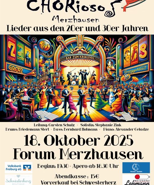 Ein buntes Bild mit Leuten aus den 20er Jahren, die in der Bar zum Krokodil feiern und dazu die Ankündigung für das Konzert von CHORioso.