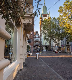 Blick auf das Martinstor mit Bäumen davor 