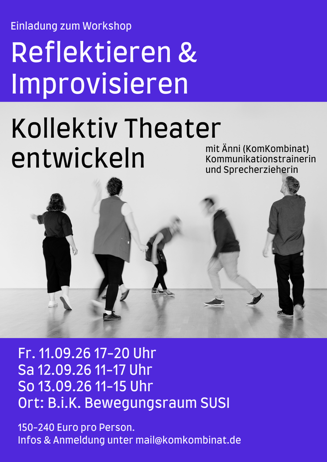 Einladung zum Workshop Reflektieren und Improvisieren, schwarz-weiß Bild mit verschwommenen Personen, die sich bewegen.
