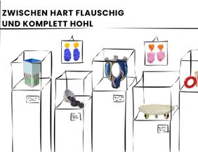 In der Skizze eines Galerieraumes stehen handgefertigte Objekte aus Künstler:Innenband, von links nach rechts: eine Porzellanvase, ein paar Ohrringe aus Zucker, ein Keramikschälchen, eine Keramikvase, Zuckerohringe, ein Teller mit Schlaufenfüssen und eine Tasse mit großem Henkel