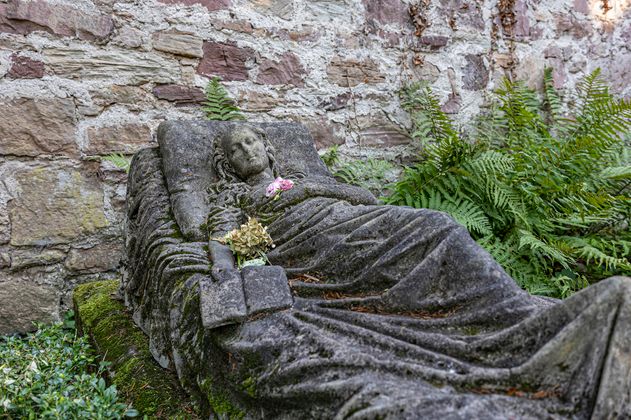 Grab das eine Frau zeigt, die im Bett liegt und ein Buch in der Hand hält 