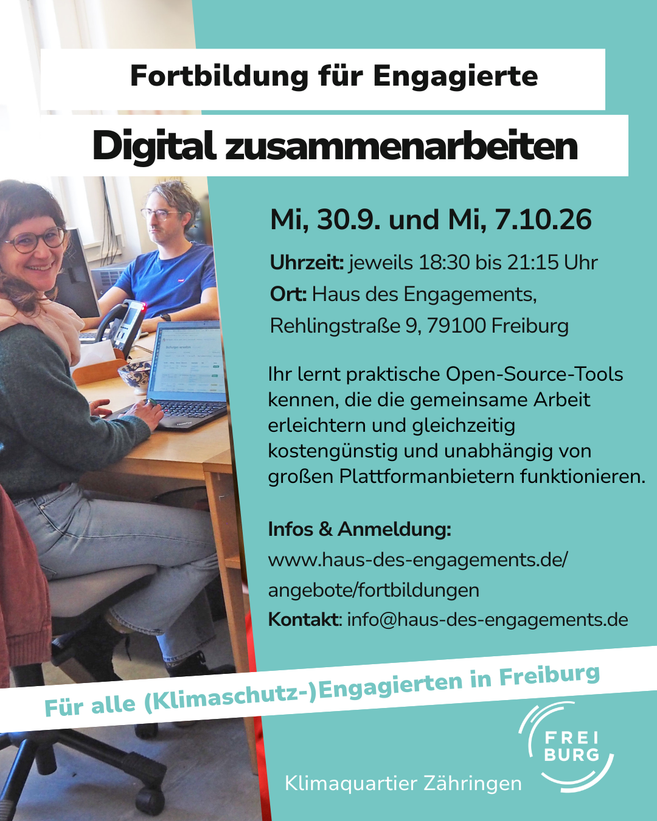 Fortbildung "Digital zusammenarbeiten – sicher, frei und unkompliziert" am 30.9. und 7.10. im Haus des Engagements