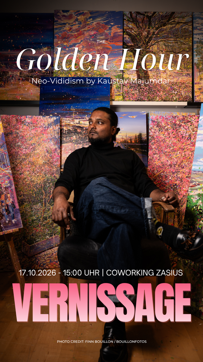 Kaustav Majumdar vor seinen Kunstwerken