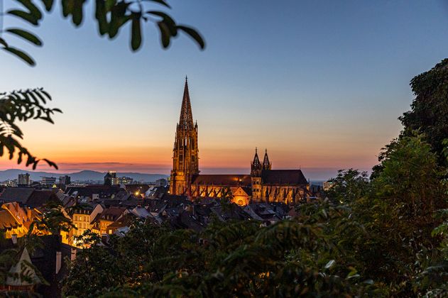 Blick auf beleuchtetes Freiburger Muenster und Altstadt in der Dämmerung