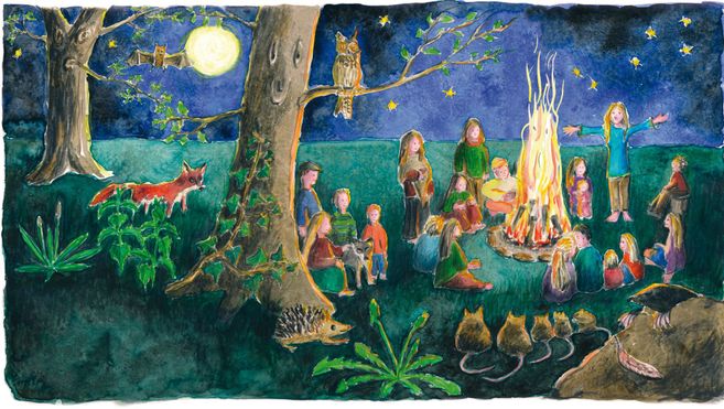 Kinder sitzen rund um ein Lagerfeuer