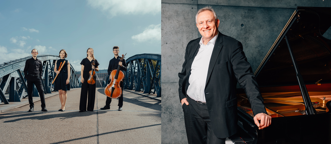 Zu sehen sind auf der linken Seite des Bildes die vier Musiker innen des Ensembles. Auf der rechten Seite sieht man den Pianist Rudolf Ramming